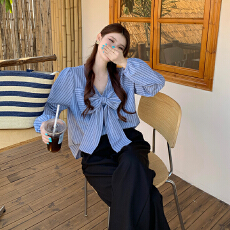 批发<b class='q'>大码</b>女装春季条纹衬衫 <b class='q'>大码</b>蝴蝶结显瘦韩版衬衫松紧腰西裤套装