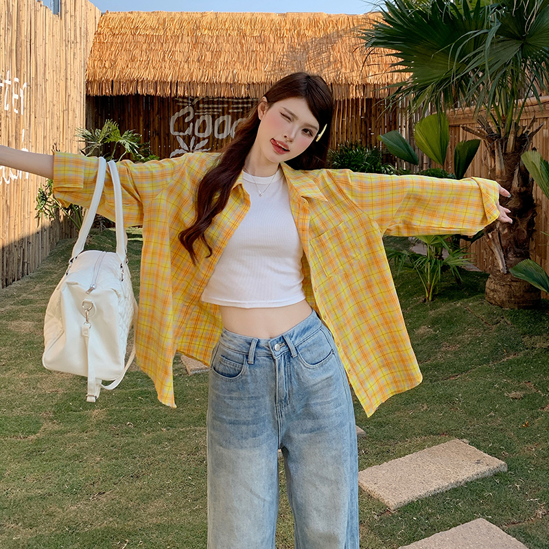 빅 사이즈 여성 의류 여름 자외선 차단 오픈 가디건 학원 스타일 체크무늬 자외선 차단 재킷 빅 사이즈 맨위