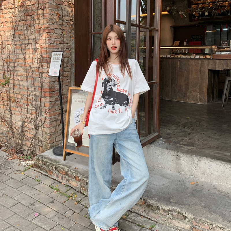 빅 사이즈 여성 의류 티셔츠 세트 차가운 개 프린트 티셔츠 빅 사이즈 캐주얼 루즈핏 티셔츠