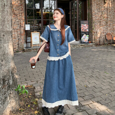 批发大码女装短袖牛仔套装学院风牛仔两件套