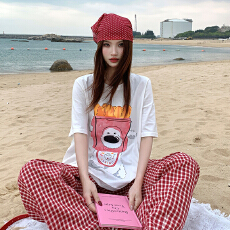 批发大码女装T恤套装可爱印花T恤松紧腰格子裤套装夏季松弛感套装