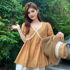 批发大码女装夏季短袖上衣 大码女装显廋遮肉上衣 松紧腰裤子两件套