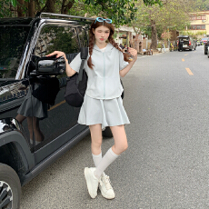批发大码女装夏季休闲套装学院风减龄大码两件甜美显瘦大码套装