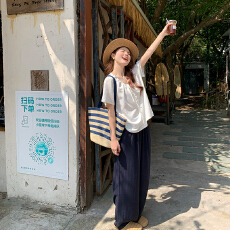 批发大码女装淑女夏季短袖小衫套装 大码简约时尚两件套