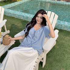 批发大码女装淑女夏季短袖小衫套装 大码简约时尚两件套