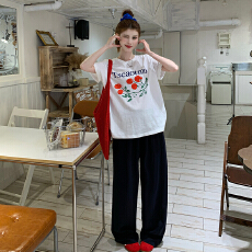 批发大码女装夏季水果印花T恤大码简约T恤松紧腰超舒服的裤子大码<b class='q'>套装</b>