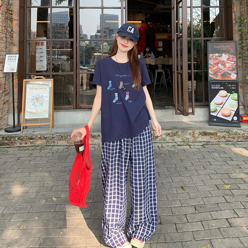 빅 사이즈 여성 의류 여름 귀여운 양말 프린트 티셔츠 허리밴드 파란색 체크무늬 바지 세트 빅 사이즈 투피스 세트