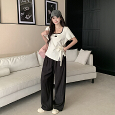 批发大码女装夏季不规则绑带T恤收腰显瘦大码T恤<b class='q'>套装</b>大码两件套