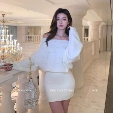 批发一字肩镶钻长袖针织连衣裙女秋季蝙蝠袖毛衣<b class='q'>短裙</b>纯欲<b class='q'>高腰</b>包臀裙子