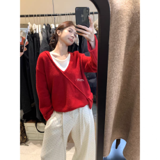 批发Hers韩版冬季新款慵懒风V领针织<b class='q'>衫</b>女假两件套头毛衣老钱风上衣