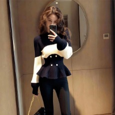 韩系拼色针织衫女高级感氛围穿搭减龄小众显瘦毛衣2025新款爆款秋