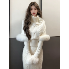 批发SISI酱”北海道初雪“米白色高领麻花纹毛衣半裙套装女气质两件套