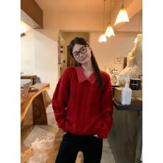 批发红色毛衣女冬季圣诞穿搭韩系假两件Polo领宽松慵懒针织上衣