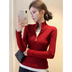 批发假两件红色针织<b class='q'>打底衫</b>女款<b class='q'>修身</b>内搭冬装半拉链立领毛衣本命年上衣