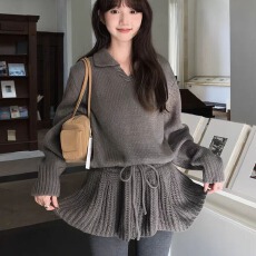 批发韩系慵懒风羊绒v领针织<b class='q'>毛衣</b>女两件套装抽绳短裙2025秋冬<b class='q'>新款</b>加厚