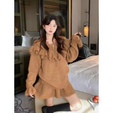 批发韩系简约温柔软糯木耳边系带<b class='q'>毛衣</b>+百搭A字宽松半身裙套装女冬季