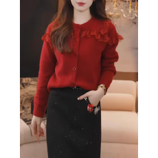 批发蕾丝木耳边红色<b class='q'>针织</b><b class='q'>开衫</b>女春秋独特漂亮毛衣新款长袖气质复古上衣