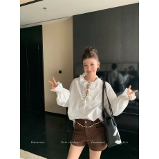 法式白玫瑰 宫廷风重工设计感立体花朵长袖衬衫