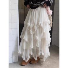 法式高腰不规则荷叶边网纱拼接半身裙女秋冬新款飘逸感蛋糕长裙