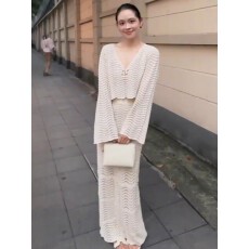 批发韩系温柔风系带镂空V领针织衫上衣高腰半身裙女<b class='q'>秋</b>季高级感两件套