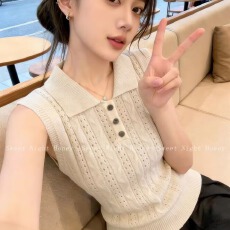 批发港风复古polo领麻花无袖针织衫背心女外穿高级感薄款翻领坎肩上衣