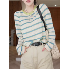 批发撞色条纹天丝面膜T恤女欧洲站2026春装新款欧货女装防晒打底衫<b class='q'>潮</b>