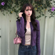 批发韩系复古拼接紫色针织开衫女春秋修身显瘦叠穿短款外搭上衣<b class='q'>小外套</b>