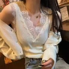 批发蕾丝V领针织吊带背心女2026春夏新款西装内搭别致高级感无袖上衣
