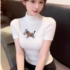 批发新款2026春夏韩系刺绣小马半高领<b class='q'>针织衫</b>修身内搭短袖T恤
