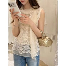 批发韩国2026春季新款小香风时尚设计感蕾丝刺绣<b class='q'>无袖</b>假两件背心衬衫女