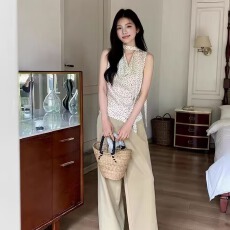 批发韩系春夏款百搭时尚气质显瘦<b class='q'>波点</b>荡领吊带小衫上衣女配飘带