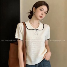 批发撞色镂空娃娃领短袖针织衫女2026夏季新款微<b class='q'>胖</b>大码设计感减龄上衣