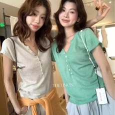 THE LEMON柠檬绿茶休闲亨利衫半开领纽扣正肩修身显瘦针织衫女装