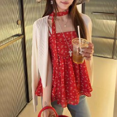 批发法式飘带两件套小衫女2026春夏碎花吊带+防晒开衫上衣