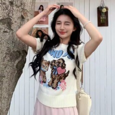 批发复古风童趣提花短袖针织衫女2026夏季新款套头圆领上衣