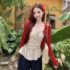 批发甜美碎花吊带背心套装女外搭<b class='q'>长袖</b>针织开衫上衣两件套 宝利#E65