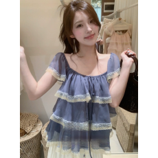批发韩式甜美荷叶边蕾丝拼接雪纺衫<b class='q'>女</b>夏季短袖蓝色蛋糕纱别致上衣小衫