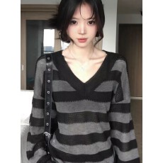 批发微透条纹撞色V领针织罩衫女春夏新款宽松长袖防晒衫潮