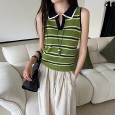 批发条纹针织衫女夏季撞色翻领背心外穿无袖POLO领老钱风上衣女士小衫