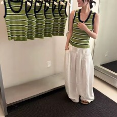 批发条纹针织衫女夏季撞色翻领背心外穿无袖POLO领老钱风上衣女士小衫