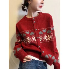 批发费尔岛风红色提花圣诞雪花开衫毛衣女宽松韩系百搭针织衫上衣外套