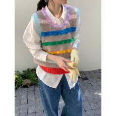 批发多巴胺彩色条纹圆领加厚针织背心毛衣马甲女款2026新款设计感上衣
