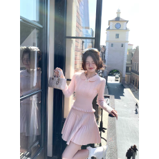 批发Q女家 进修校花/千金感粉色长袖上衣针织毛衣超好看秋冬裙子套装