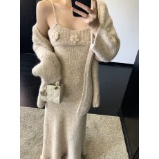 批发WITHMXBOOM灰灰家针织套装秋季羊毛开衫毛衣内搭吊带连衣裙两件套