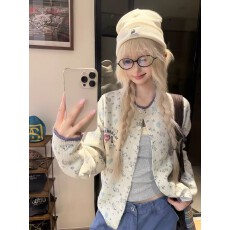 批发美式慵懒风小狗满印开衫长袖针织衫女秋宽松休闲百搭秋冬毛衣外套