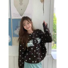 批发韩系波点复古小羊毛衣女开衫秋冬新款宽松<b class='q'>针织</b>衫外套慵懒风上衣潮