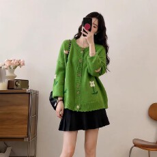 批发绿色针织开衫花朵毛衣外套女2026秋季新款大码<b class='q'>胖</b>mm<b class='q'>中长款</b>减龄上衣
