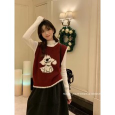 批发2026早春叠穿减龄俏皮狗狗针织背心马甲女秋冬显瘦坎肩马夹宽松春