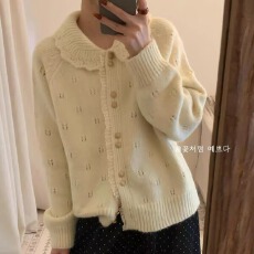 批发设计感镂空娃娃领<b class='q'>蕾丝</b>拼接针织开衫高级感温柔气质宽松毛衣外套女