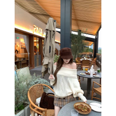 批发七颗虾滑高领毛衣秋冬女款宽松一字肩绝美慵懒韩系漂亮针织衫上衣